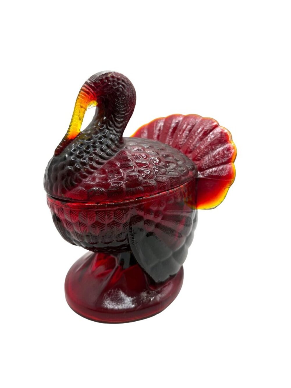 L E Smith Ruby Red Amberina Glass Turkey Covered Candy Dish VTG 1960's Décor MCM